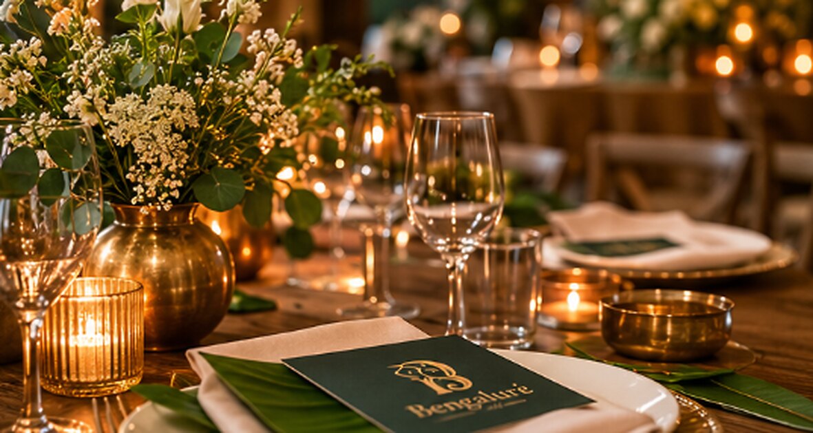 A candlelit table set with a branded menu